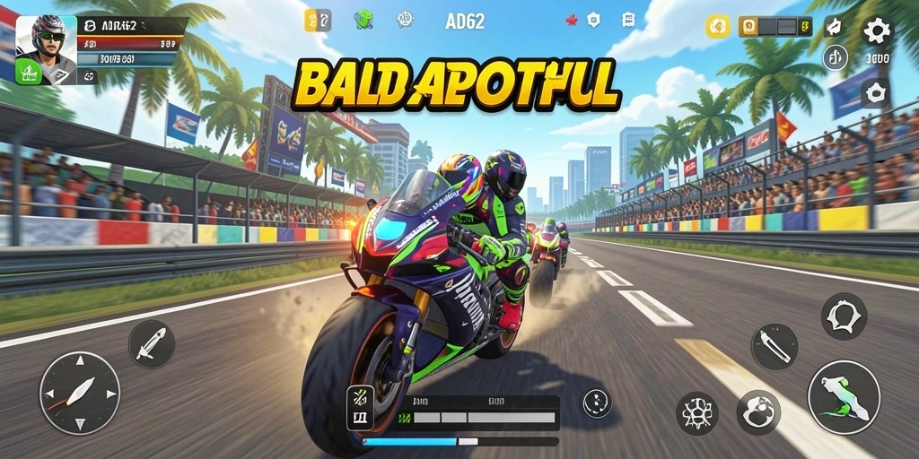 Screenshot gameplay ADG62 menampilkan aksi balap motor yang mendebarkan.